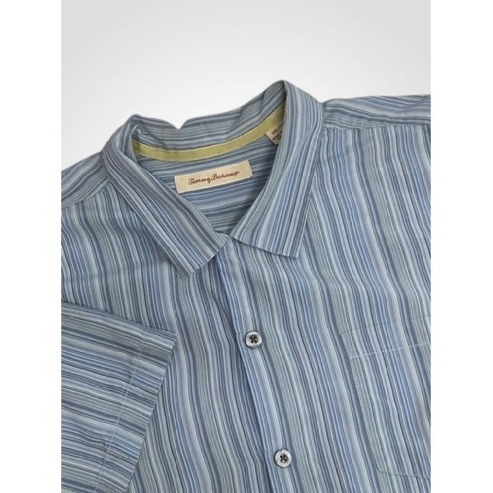 Tommy Bahama Blue Striped Short Sleeve Hawaiian Shirt Men 2XL China 100% Silk